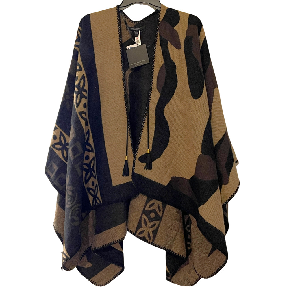 Marc New York OSFM Knit Poncho Wrap Ruana Tribal Print Tassel Ties Black Tan